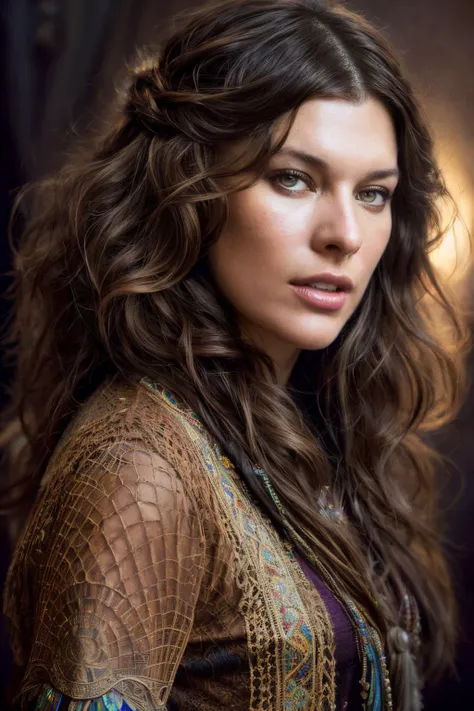 portrait photo of mjv,(hippie outfit), (brown hair), alluring portrait, intricate, highly detailed, digital painting, artstation, concept art, naughty, sharp focus, cinematic lighting, illustration, art by artgerm and greg rutkowski, alphonse mucha, cgsociety, <lyco:MillaJovovich-RealVision-V1.0:1.0>