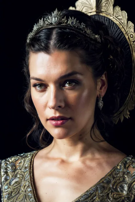 up close portrait photo of mjv, dressed as game of thrones queen, alluring portrait, intricate, highly detailed, digital painting, artstation, concept art, naughty, sharp focus, cinematic lighting, illustration, art by artgerm and greg rutkowski, alphonse mucha, cgsociety, <lyco:MillaJovovich-RealVision-V1.0:1.0>