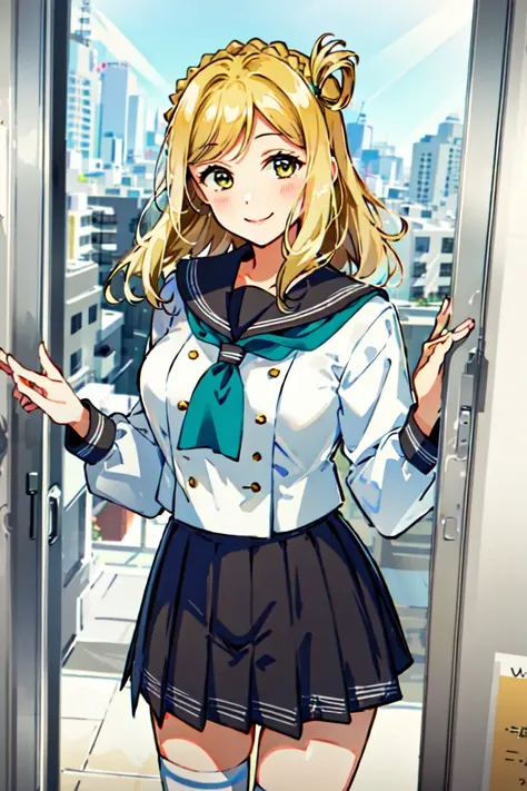 (masterpiece, best quality), illustration, <lora:marilovelivev3:1>, mari, ohara mari, 1girl, solo, blonde hair, yellow eyes, medium hair, crown braid, hair rings, winter uniform, buttons, aqua neckwear, grey sailor collar, grey skirt, white legwear, ribbon-trimmed legwear, tie clip, cowboy shot, smile, looking at viewer, classroom, large breasts, (white serafuku:1.1)