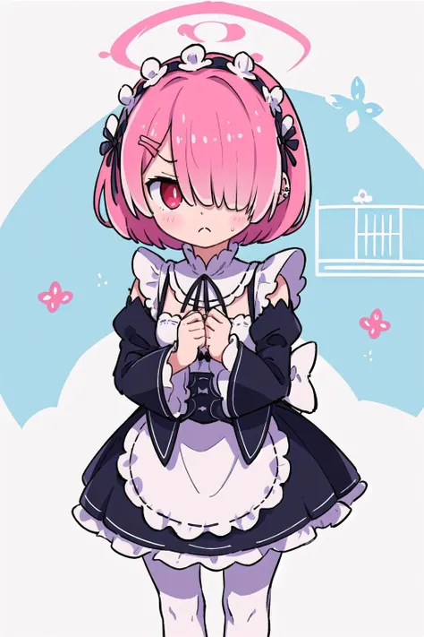 ((best quality)), ((masterpiece)), illustration, (detailed), 1girl, <lora:ramREZero_v11:0.3> <lora:remReZero_v10:0.3> ram_\(re_zero\), cute, chibi, piercing gaze, pink hair:1.1, short hair, (hair over one eye:1.3), red eyes:1.2, roswaal mansion maid uniform, apron, (white pantyhose:1.2), looking at viewer, upper body, angry, annoyed, glaring, mansion, (high-resolution:1.2), <lora:korukoruno:1>
