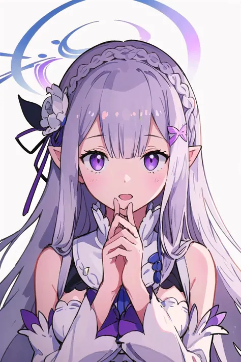 ((best quality)), ((masterpiece)), illustration, (detailed), 1girl, <lora:emiliaReZero_v5:0.5> emilia_\(re:zero\), cute, pale skin, medium breasts, silver hair, (purple eyes:1.2), hair ornament, pointy ears, white dress, looking at viewer, upper body, (surprise, shock:1.1), hands over mouth, simple background, (high-resolution:1.2), <lora:korukoruno:1>