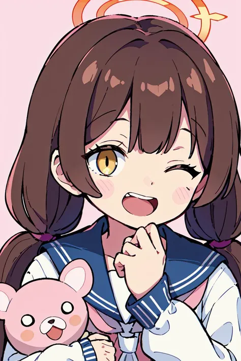 <lora:korukoruno:0.8>1girl, hifumi (blue archive), one eye closed, pink background, twintails, halo, holding, sailor collar, long hair, simple background, low twintails, long sleeves, smile, open mouth, wing hair ornament, school uniform, solo, blue sailor collar, upper body, bangs, yellow eyes, teeth, blush, upper teeth only, brown hair, white cardigan, cardigan, serafuku, puffy long sleeves, blush stickers, stuffed toy, light brown hair