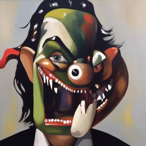 painting of the Joker with sharp teeth, George Condo Style, horror(theme), <lora:MBTDF xl:0.9>