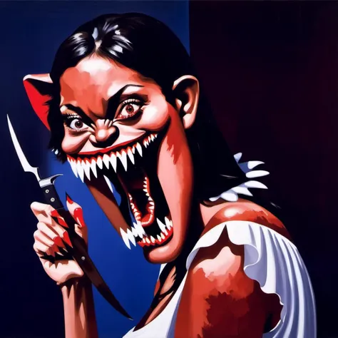 painting of a woman with sharp teeth, George Condo Style, horror(theme), <lora:MBTDF xl-000004:0.9>