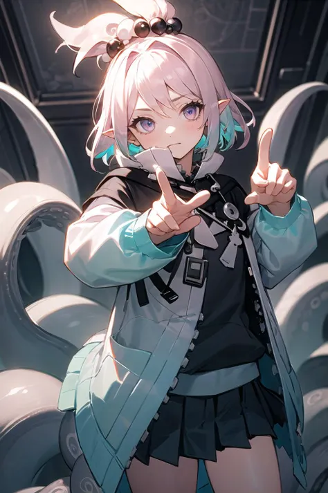origin, 1girl, tentacles, solo, holding, jacket, looking at viewer, black skirt, long sleeves, pleated skirt, black shirt, topknot, open clothes, pointing <lora:kirara-pynoise-OG-000009:1>