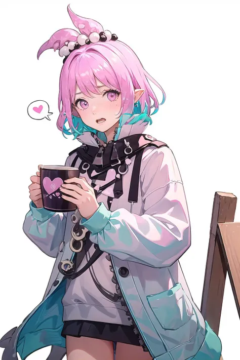 origin, tentacles, food, doughnut, jacket, holding coffee mug, pink jacket, drinking straw, solo, open mouth, 1girl,embarrassed,spoken heart, white background, looking at viewer, phone, long sleeves <lora:Arknights-Kirara (With multires noise version):1>
