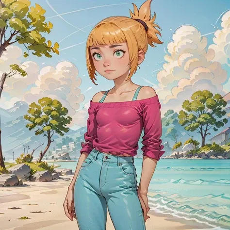 cowboy shot, 1girl , solo,  Sarah Kingsbury, short hair, green eyes, blonde hair, blunt bangs, short ponytail, shirt, pink off shoulder shirt, pants,     <lora:Sarah_Kingsbury_Leaf3:0.8>,   beach,