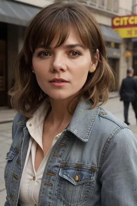 a photo of grac13-001, 1girl, bangs, brown hair, green eyes, looking at viewer, parted lips, realistic, solo, a woman with a denim jacket on looking off to the side with a serious look on her face, a character portrait. fcHeatPortrait. (closeup:1.3). BREAK olive green eyes. , reporter, city street, china town