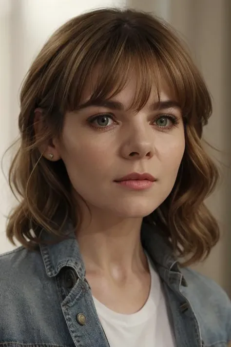 a photo of grac13-001, 1girl, bangs, light brown hair, looking at viewer, parted lips, realistic, solo, a woman with a denim jacket on looking off to the side with a serious look on her face, a character portrait.  fcHeatPortrait. (closeup:1.3). BREAK olive green eyes.