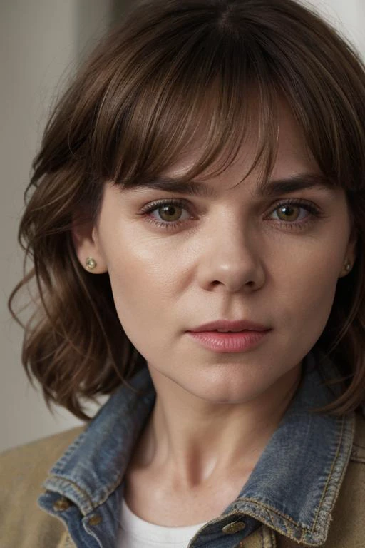 a photo of grac13-001, 1girl, bangs, looking at viewer, parted lips, realistic, solo, a woman with a denim jacket on looking off to the side with a serious look on her face, a character portrait. fcHeatPortrait. (closeup:1.3). BREAK olive green eyes.