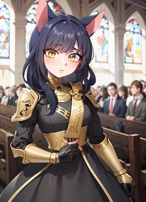 ((best quality)), ((highly detailed)), masterpiece, absurdres, extremely detailed face, beautiful face, (detailed eyes, deep eyes), (1girl), Forced Perspective, cowboy shot, ((gauntlets)), cat girl, cat ears, medium hair, black hair, yellow eyes, <lora:slit-pupils:1>, snake eyes, half-closed eyes, cat tail, frown.3, egyptian clothes, (outside, at a church, noon), <lora:Strong_bana_style_v01:1>