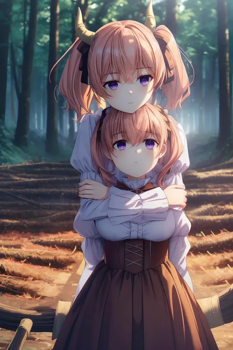 Gery background, ((masterpiece)), ((best quality)), ((extremely detailed)), (perfect composition), (prefect anatomy), high-res, prefect lighting, absurdres, 1girl, soles, lineye, upper body, prefect body, standing, small breasts, short twintails, hair between eyes, purple eyes, pink hair, medium hair, demon horns, dark red hair ribbon, pointy ears, enchanting expressionless, ((looking at viewer)), arms, frilled shirt collar, dark red choker, white frilled shirt, juliet sleeves, long sleeves, dark red neck ribbon, dark red dress, white frilled dress, white layered dress, brown corset, striped pantyhose, sweat, (((hugging, extremely large amount of firewood, hold a girl in hugging arms, tear))):3.8, outdoors, countryside, tahara trail, forest, deep of field, advanced cg, amazing quality, octane rendering, detailed arms crossing arms down.
<lora:LinieV1:0.7> <lora:rainbow:0.35> <lora:more_details:0.35> <lora:á ⸠á-WIP:0.35>
