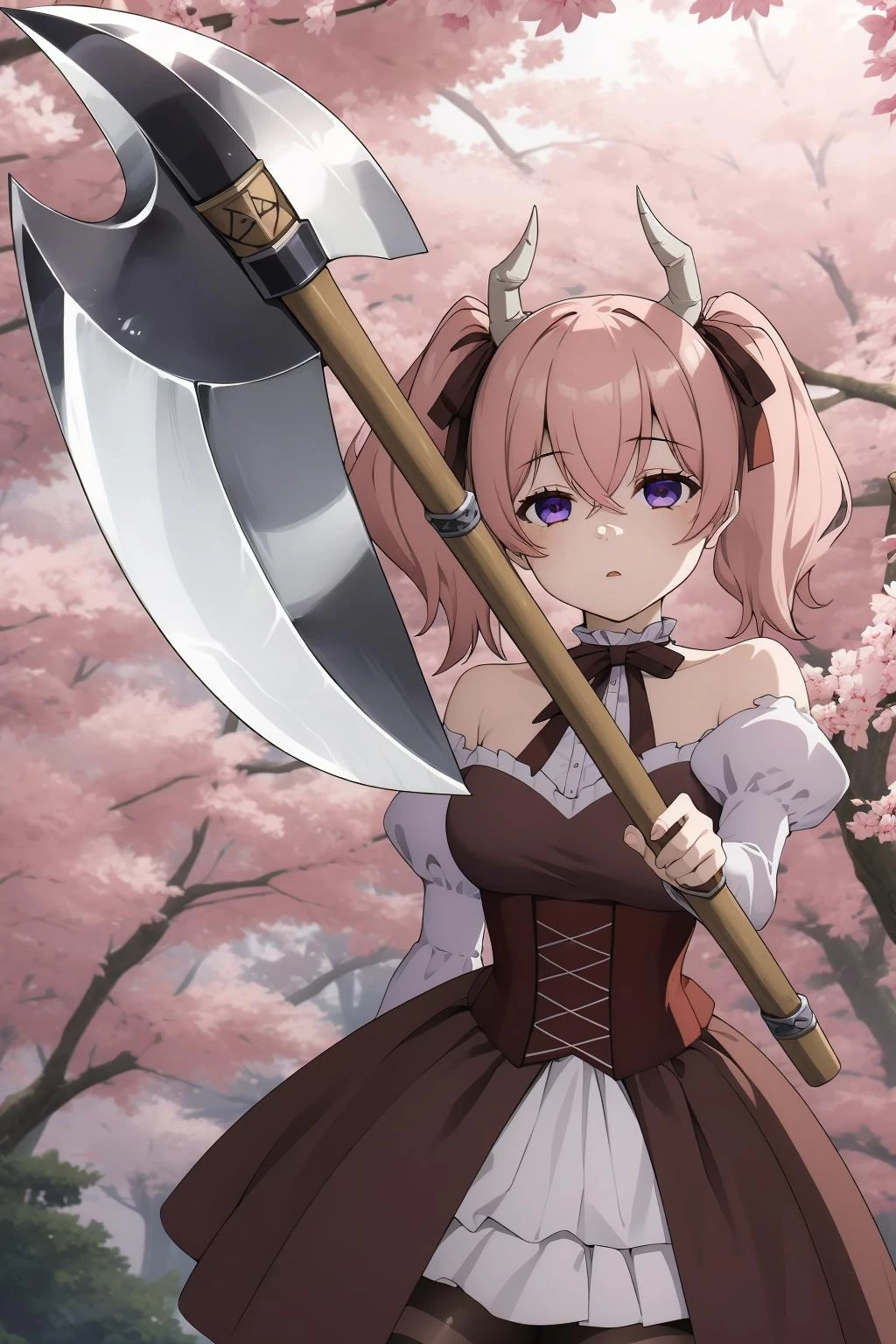 <lora:LinieV1:0.8>,lineye,1girl,solo,short twintails,hair between eyes,pink hair,medium hair,demon horns,dark red hair ribbon,pointy ears,purple eyes,
frilled shirt collar,dark red choker,white frilled shirt,juliet sleeves,long sleeves,dark red neck ribbon,dark red dress,white frilled dress,white layered dress,brown corset,striped pantyhose,
mary janes,outdoors,battle axe,holding axe, Exquisite visuals, high-definition,masterpiece,best quality,Exquisite visuals,high-definition,masterpiece,best quality,18yo,Young female,Beautiful Fingers,Beautiful long legs,Beautiful body,Beautiful character design,