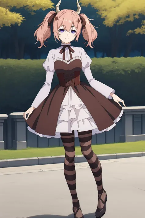 <lora:LinieV1:0.8>,lineye,1girl,solo,short twintails,hair between eyes,pink hair,medium hair,demon horns,dark red hair ribbon,pointy ears,purple eyes,smile,
frilled shirt collar,dark red choker,white frilled shirt,juliet sleeves,long sleeves,dark red neck ribbon,dark red dress,white frilled dress,layered dress,brown corset,striped pantyhose,
mary janes,outdoors,, Exquisite visuals, high-definition,masterpiece,best quality,Exquisite visuals,high-definition,masterpiece,best quality,18yo,Young female,Beautiful Fingers,Beautiful long legs,Beautiful body,Beautiful character design,