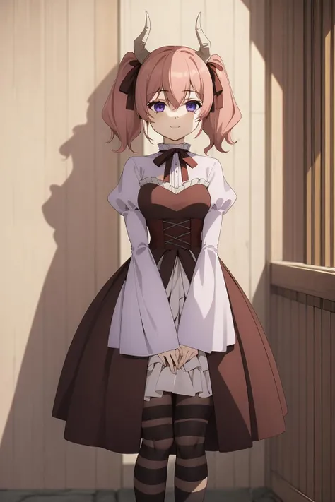 <lora:LinieV1:0.8>,lineye,1girl,solo,short twintails,hair between eyes,pink hair,medium hair,demon horns,dark red hair ribbon,pointy ears,purple eyes,smile,
frilled shirt collar,dark red choker,white frilled shirt,juliet sleeves,long sleeves,dark red neck ribbon,dark red dress,white frilled dress,white layered dress,brown corset,striped pantyhose,
mary janes,outdoors,, Exquisite visuals, high-definition,masterpiece,best quality,Exquisite visuals,high-definition,masterpiece,best quality,18yo,Young female,Beautiful Fingers,Beautiful long legs,Beautiful body,Beautiful character design,