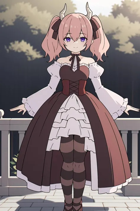 <lora:LinieV1:0.8>,lineye,1girl,solo,short twintails,hair between eyes,pink hair,medium hair,demon horns,dark red hair ribbon,pointy ears,purple eyes,smile,
frilled shirt collar,dark red choker,white frilled shirt,juliet sleeves,long sleeves,dark red neck ribbon,dark red dress,white frilled dress,white layered dress,brown corset,striped pantyhose,
mary janes,outdoors,, Exquisite visuals, high-definition,masterpiece,best quality,Exquisite visuals,high-definition,masterpiece,best quality,18yo,Young female,Beautiful Fingers,Beautiful long legs,Beautiful body,Beautiful character design,