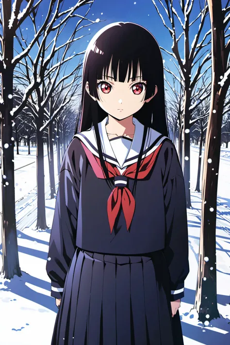 Enma Ai, 1girl, solo, black hair, school uniform, skirt, long hair, serafuku, red eyes, black serafuku, snow, bare tree, tree, outdoors, pleated skirt, black skirt, bangs, winter, long sleeves, snowing, hime cut, red neckerchief, standing, closed mouth, sailor collar, looking at viewer, <lora:JigokuShoujo_XL:0.8>