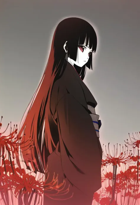 limited palette,1girl,Enma Ai,long hair,black hair,hime cut,expressionless,blunt bangs,kimono,<lora:JigokuShoujo_XL:1>,simple background,night,outside,nature,spider lily,black kimono,, masterpiece, best quality