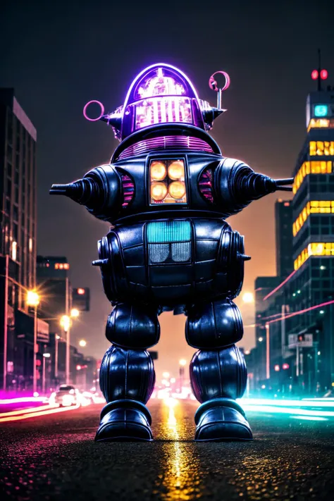 Robby the Robot,1 robot,  <lora:robby3:1>, city at night, style of blade runner, cyberpunk, vivid colors, 4k,best quality, detailed face, realistic, detailed skin, , <lora:more_details:0.8>