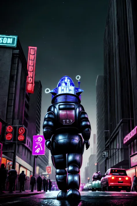 Robby the Robot,1 robot,  <lora:robby3:1>, crowded neon city at night, style of blade runner, cyberpunk, 4k,best quality, detailed face, realistic, detailed skin, , <lora:more_details:0.6>