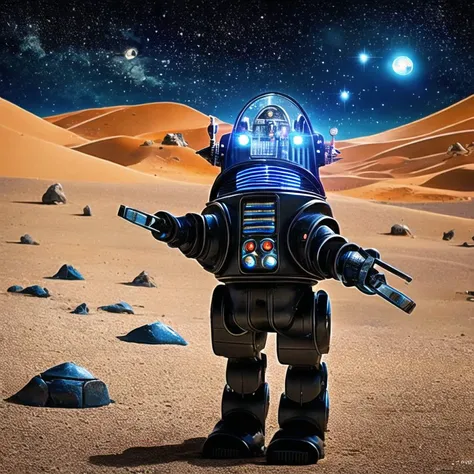 robby3  1robot a black robot on an alien planet with stars and moons in the the background <lora:robby3:1><hypernet:head1:1>