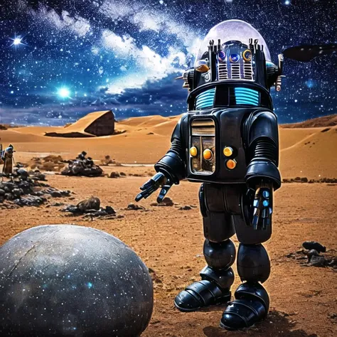 robby3 1robot a black robot on an alien planet with stars and moons in the the background <lora:robby3:1><hypernet:head1:1>