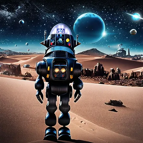 robby3 1robot a black robot on an alien planet with stars and moons in the the background <lora:robby3:1><hypernet:head1:1>