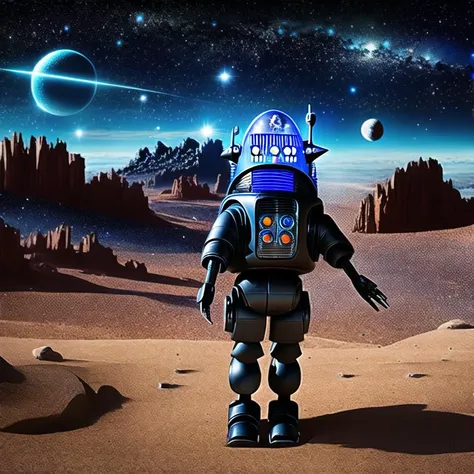 robby3 1robot a black robot on an alien planet with stars and moons in the the background <lora:robby3:1><hypernet:head1:1>