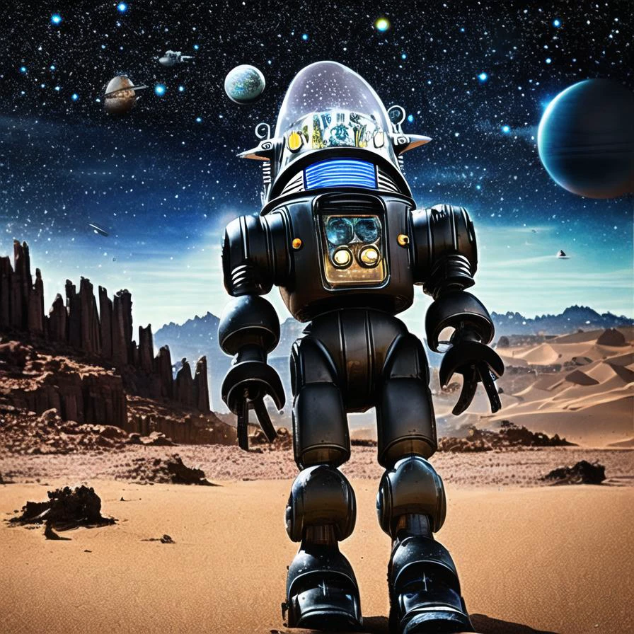 robby3 1robot a black robot on an alien planet with stars and moons in the the background <lora:robby3:1><hypernet:head1:1>