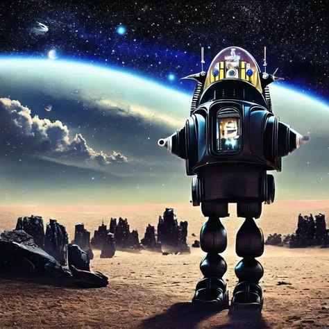 robby3 1robot a black robot on an alien planet with stars and moons in the the background <lora:robby3:1><hypernet:head1:1>
