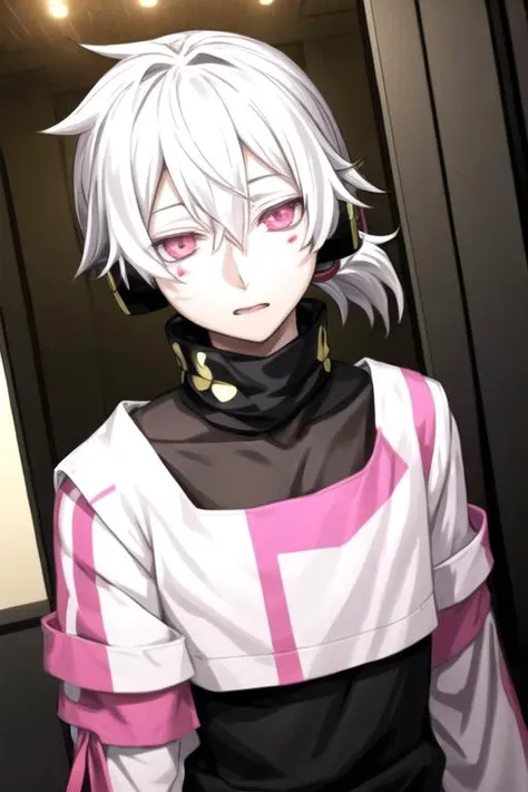 masterpiece, best quality, high quality, 1boy, solo, male focus, looking at viewer, upper body, <lora:haruka_kokonose:0.76>, haruka_kokonose, white hair, pink eyes, hair between eyes, short ponytail, gakuran
