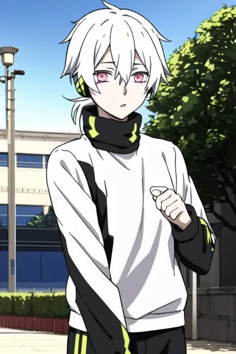 masterpiece, best quality, high quality, 1boy, solo, male focus, looking at viewer, upper body, <lora:haruka_kokonose:0.78>, haruka_kokonose, white hair, pink eyes, hair between eyes, short ponytail, track suit
