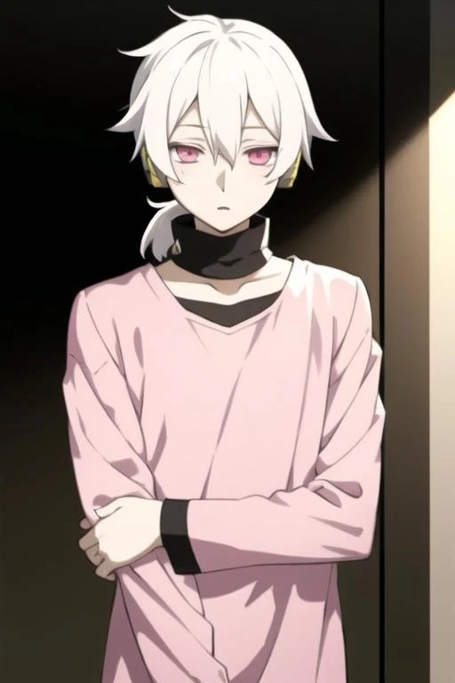 masterpiece, best quality, high quality, 1boy, solo, male focus, looking at viewer, upper body, <lora:haruka_kokonose:0.70>, haruka_kokonose, white hair, pink eyes, hair between eyes, short ponytail, pajamas