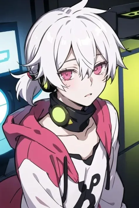 masterpiece, best quality, high quality, 1boy, solo, male focus, looking at viewer, upper body, <lora:haruka_kokonose:0.72>, haruka_kokonose, white hair, pink eyes, hair between eyes, short ponytail, hoodie
