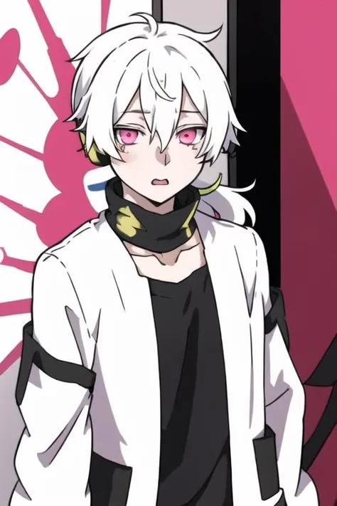 masterpiece, best quality, high quality, 1boy, solo, male focus, looking at viewer, upper body, <lora:haruka_kokonose:0.76>, haruka_kokonose, white hair, pink eyes, hair between eyes, short ponytail, coat