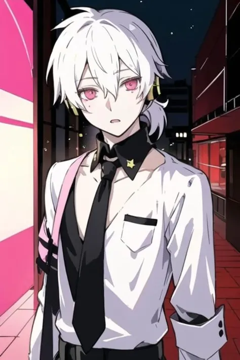 masterpiece, best quality, high quality, 1boy, solo, male focus, looking at viewer, upper body, <lora:haruka_kokonose:0.78>, haruka_kokonose, white hair, pink eyes, hair between eyes, short ponytail, formal, necktie, dress shirt