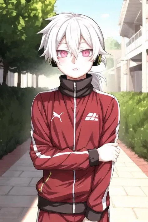 masterpiece, best quality, high quality, 1boy, solo, male focus, looking at viewer, upper body, <lora:haruka_kokonose:0.76>, haruka_kokonose, white hair, pink eyes, hair between eyes, short ponytail, track suit