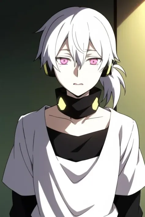 masterpiece, best quality, high quality, 1boy, solo, male focus, looking at viewer, upper body, <lora:haruka_kokonose:0.70>, haruka_kokonose, white hair, pink eyes, hair between eyes, short ponytail,