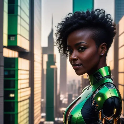 (masterpiece,best quality, ultra realistic, RAW photo), analog film extreme closeup photo of young xlsanaa woman, green dress, dark skin, black frizzy undercut hair, shaved side of head, smiling, looking at viewer, cyberpunk city, realistic, sharp focus, 8 k high definition, insanely detailed, intricate, elegant, closed mouth <lora:xlsanaa woman:1>