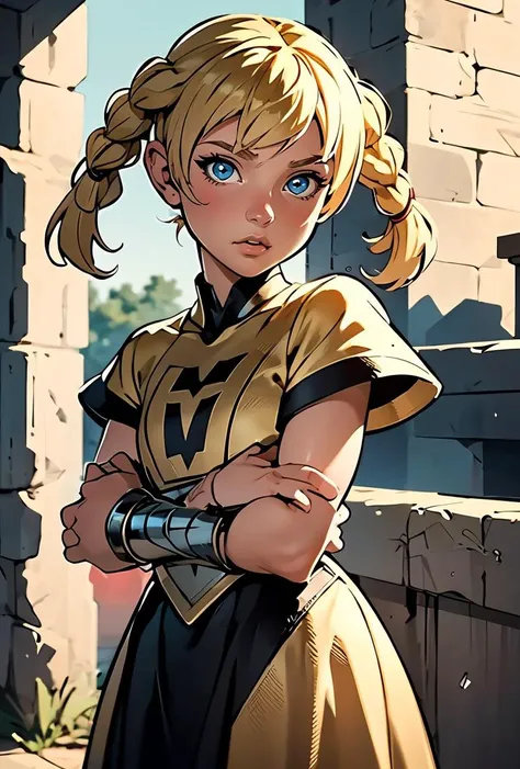 (masterpiece, best quality), 1girl, <lora:KatiePowerSD1-5 v2:0.8> Katie Power , blond, blonde, hair bangs, blue eyes, child, pigtails, braids, western art style