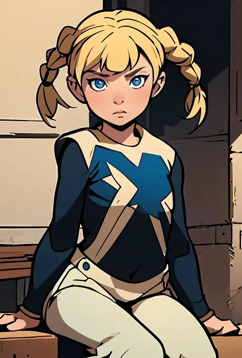 (masterpiece, best quality), 1girl, <lora:KatiePowerSD1-5 v2:0.8> Katie Power , blond, blonde, hair bangs, blue eyes, child, pigtails, braids, western art style