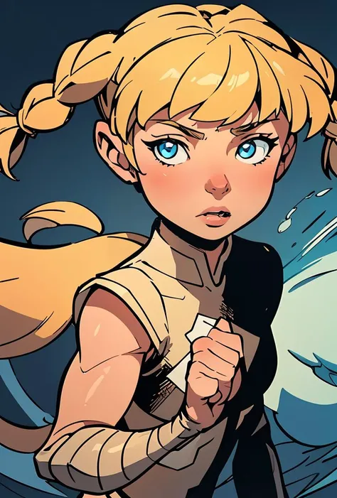 (masterpiece, best quality), 1girl, <lora:KatiePowerSD1-5 v2:0.8> Katie Power , blond, blonde, hair bangs, blue eyes, child, pigtails, braids, western art style