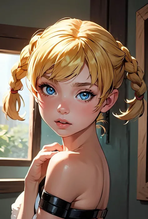 (masterpiece, best quality), 1girl, <lora:KatiePowerSD1-5 v2:0.8> Katie Power , blond, blonde, hair bangs, blue eyes, child, pigtails, braids, western art style
