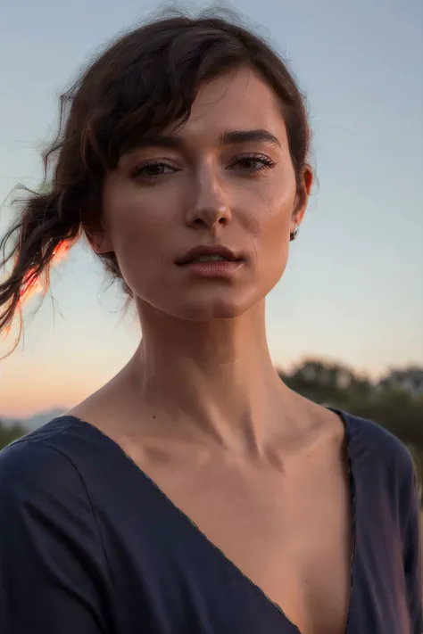 a photo of andreatvdr,dynamic pose in the wilderness sunset,wearing a blue blouse with long collars,perfect eyes,(realistic skin texture with skin pores),(nice hands,perfect hands),(curvy hips),half body capture,ultra high res <lyco:Andrea_Tivadar:0.85><lora:add_detail_v5:1.5><lyco:GoodHands-beta2:1.3>
