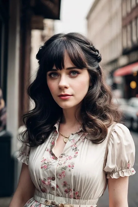 ZooeyD_SoloTI_v1,
(In a whimsical vintage dress with floral patterns and a fitted waist, with her hair styled in soft bangs and light curls, for a quirky and endearing look),
(A charming urban setting, with cozy cafes and colorful murals, an atmosphere of playful creativity and heartfelt charm:1.3),
(seductive:1.3),(analog, cinematic, film grain, hazy atmosphere, cinematic shot:1.3),
<lora:add_detail:0.6>, PA7_Portrait-MCU,