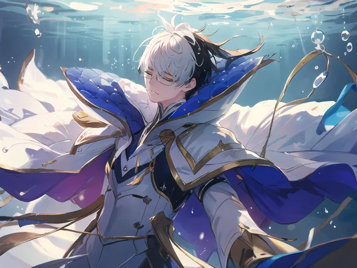 masterpiece,best quality,highres,cinematic lighting,dramatic angle,1boy,<lora:ShadowverseWilbertV6-000020:0.8:lbw=jiangshi3>,white hair,two-tone hair,black hair,glasses,eyes closed,closed eyes,white suit,ribbon,cape,arched back,head down,tears,teardrop,wet,cowboy shot,bottom in water,helpless,despair,expressionless,mature male,underwater,floating,legs up,depth of field