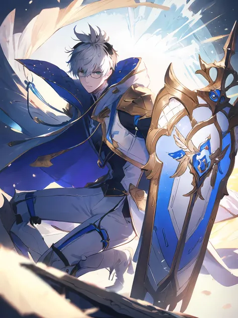 masterpiece,best quality,highres,cinematic lighting,dramatic angle,1boy,<lora:ShadowverseWilbertV6-000020:0.8>,white hair,two-tone hair,black hair,glasses,green eyes,white suit,ribbon,cape,(holding sword:1),shield,(holding shield:1.2),looking at viewer,serious,dynamic angle,one knee