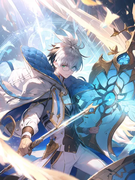 masterpiece,best quality,highres,cinematic lighting,dramatic angle,1boy,<lora:ShadowverseWilbertV6-000020:0.8>,white hair,two-tone hair,black hair,glasses,green eyes,white suit,ribbon,cape,(holding sword:0.8),sword,shield,(holding shield:1.2),looking at viewer,serious,dynamic angle,magic shield,magic circle,wings