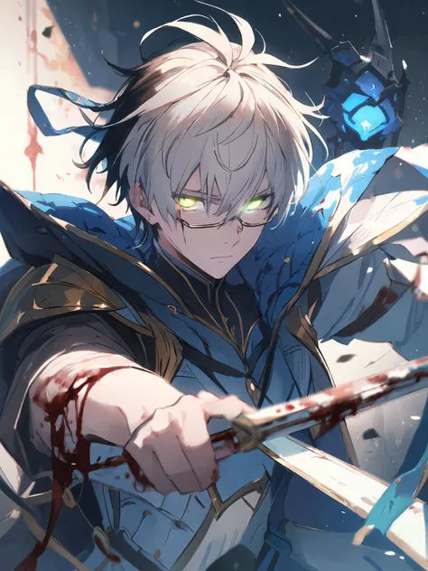 masterpiece,best quality,highres,cinematic lighting,dramatic angle,1boy,<lora:ShadowverseWilbertV6-000020:0.8:lbw=jiangshi3>,white hair,two-tone hair,black hair,glasses,green eyes,grey suit,armor,ribbon,portral,shaded face,glowing eyes,blood,blood on face,expressionless,