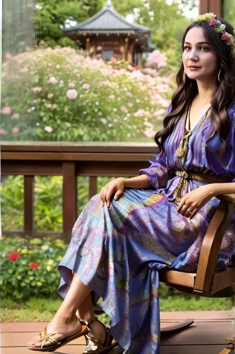 by moebius,dan mumford,alphonse mucha,Hokusai and James Gurney,photo of a best quality,1920'S Bewitching (gulsim_ali:1.1) sitting in a Simple Rocking chair,holdind flowers,Dreamweaver,Curtain bangs hair,Ultra Real,film grain,Iphone X,Selective focus,(perfet hands:1.5)Film grain,<lora:gulsim_ali-000008:0.8>,